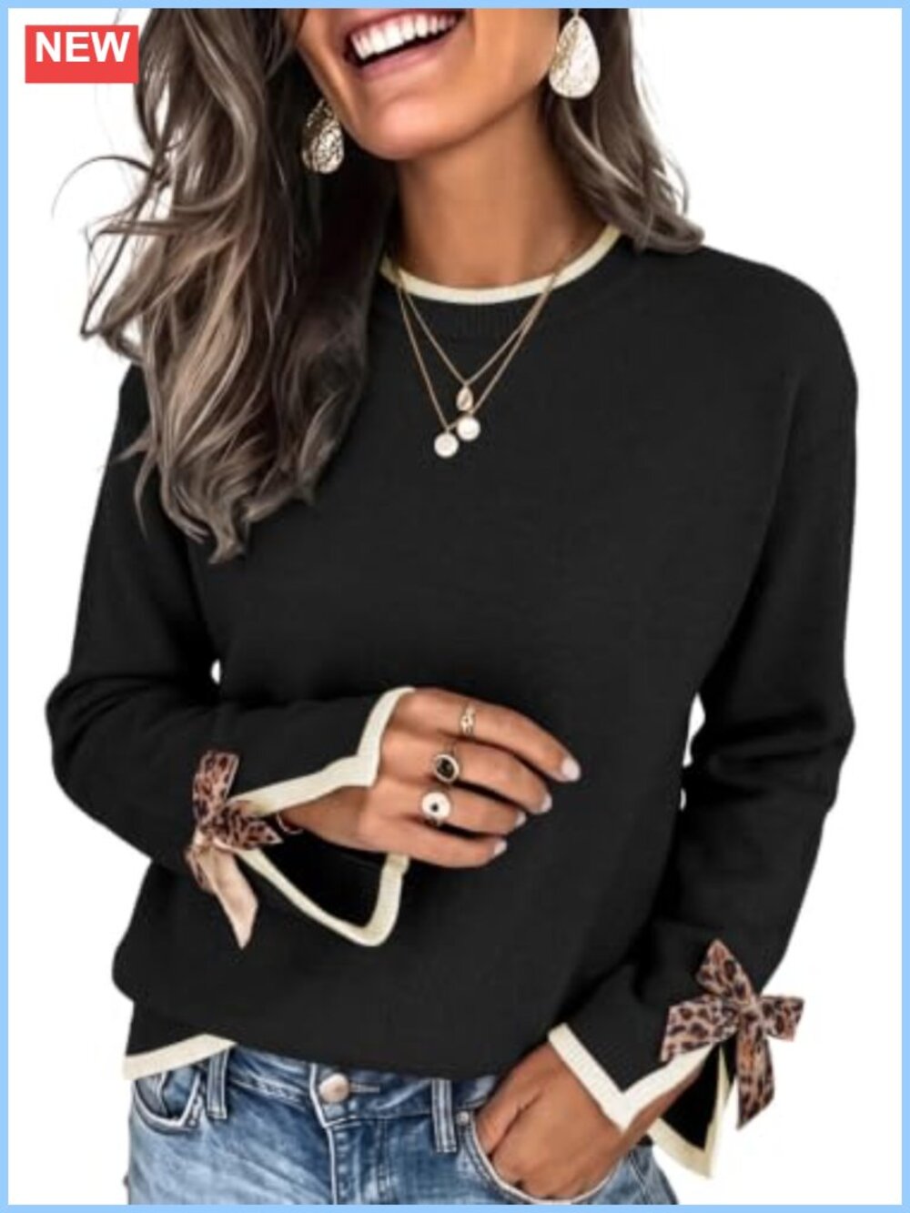 Sweater Leopard Bow Slit Cuff Crew Neck Knit Pullover